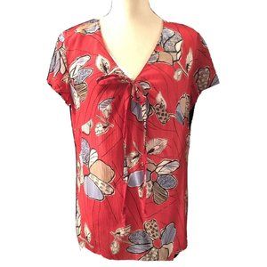 i.e. Silk Blouse Top Large Red Blue with Floral Design Short Sleeve Lace Light